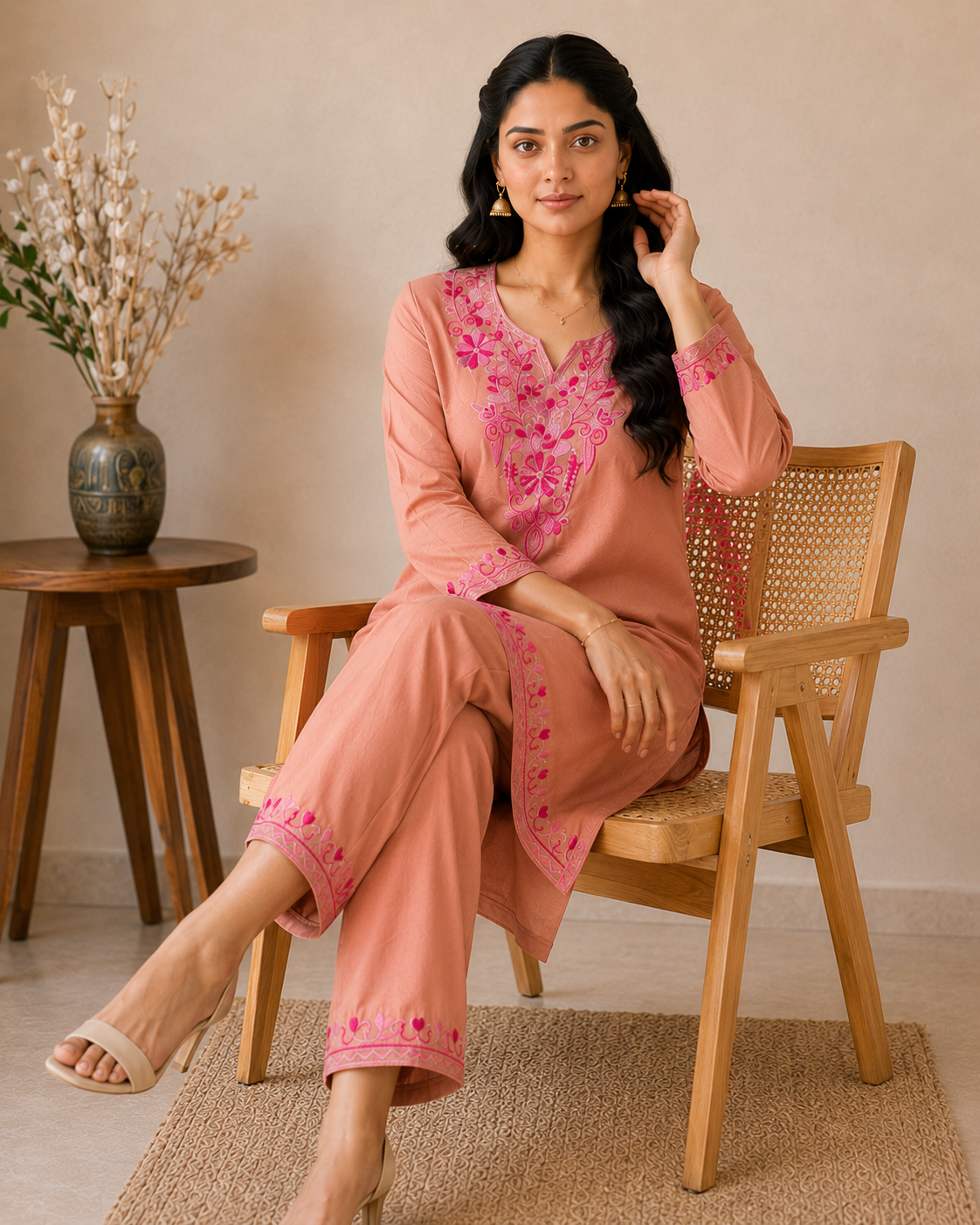 Peach Bloom Rayon Aari Work Co-ord Set