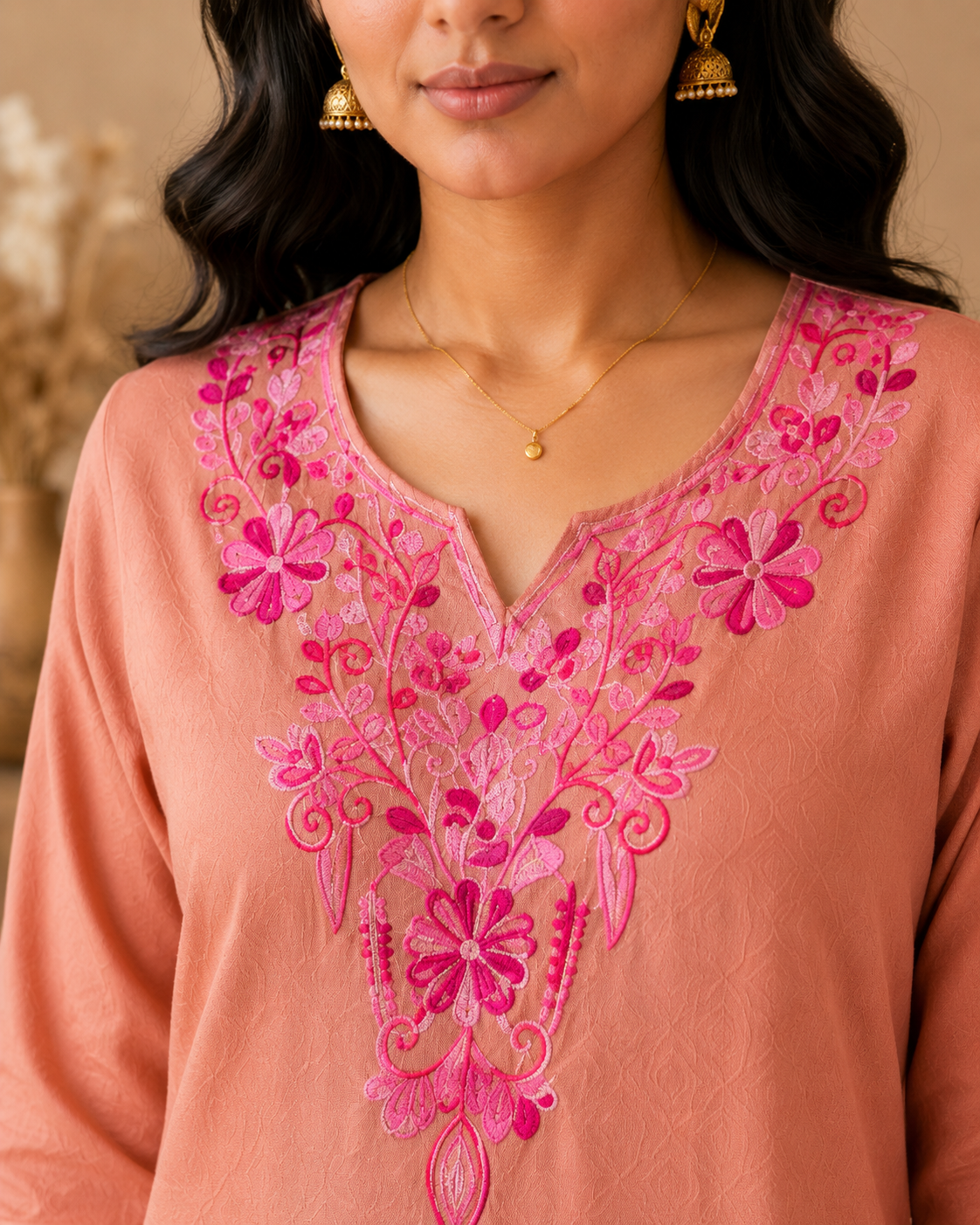 Peach Bloom Rayon Aari Work Co-ord Set