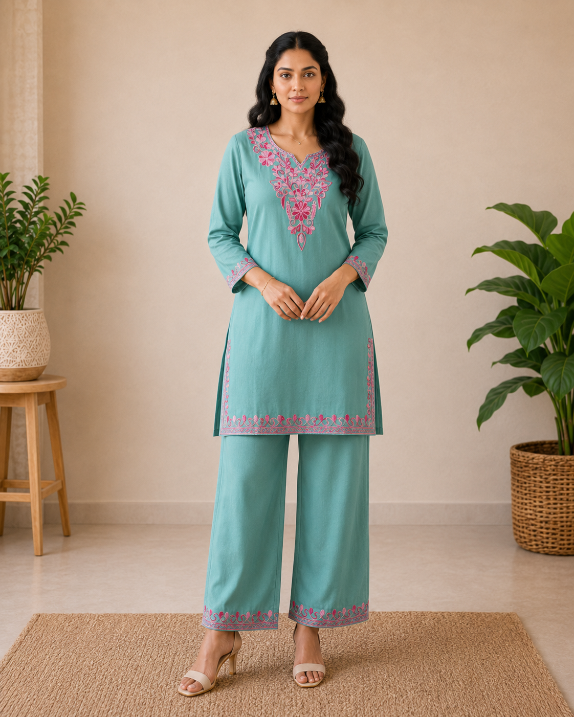 Aqua Blue Rayon Aari Work Co-ord Set