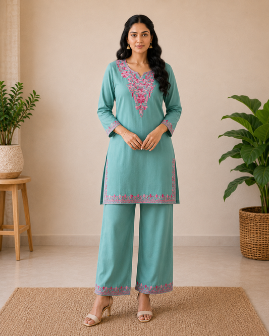 Aqua Blue Rayon Aari Work Co-ord Set