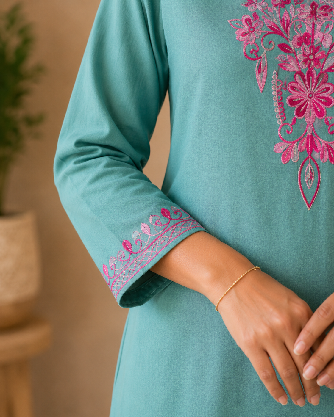 Aqua Blue Rayon Aari Work Co-ord Set
