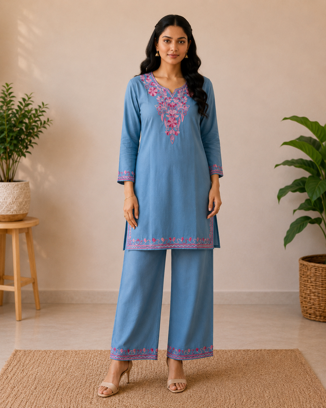 Sky Blue Rayon Aari Work Co-ord Set