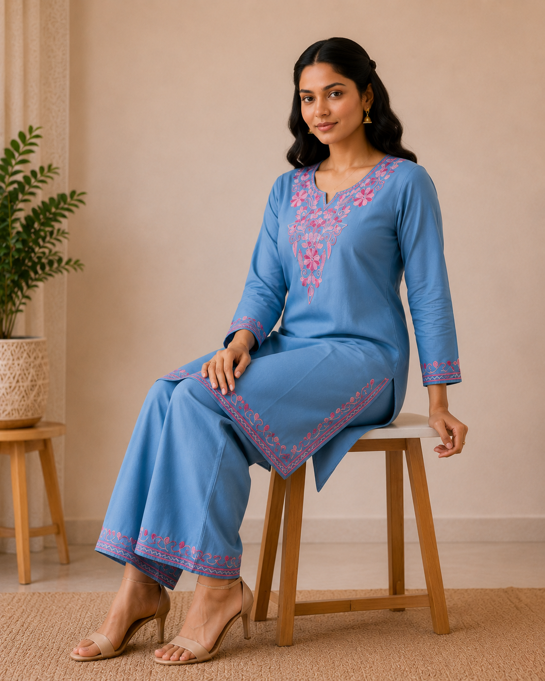 Sky Blue Rayon Aari Work Co-ord Set