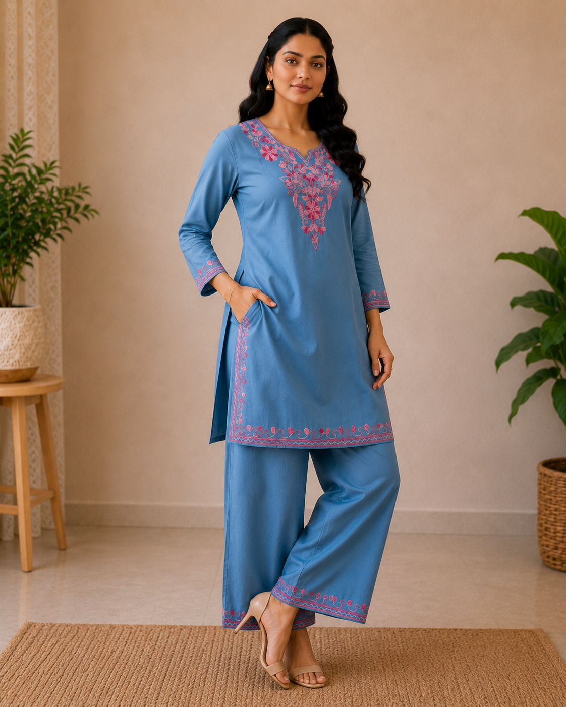 Sky Blue Rayon Aari Work Co-ord Set