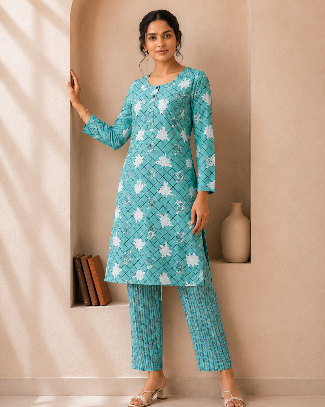Sea Green Cotton Printed 3-Piece Kurti Set