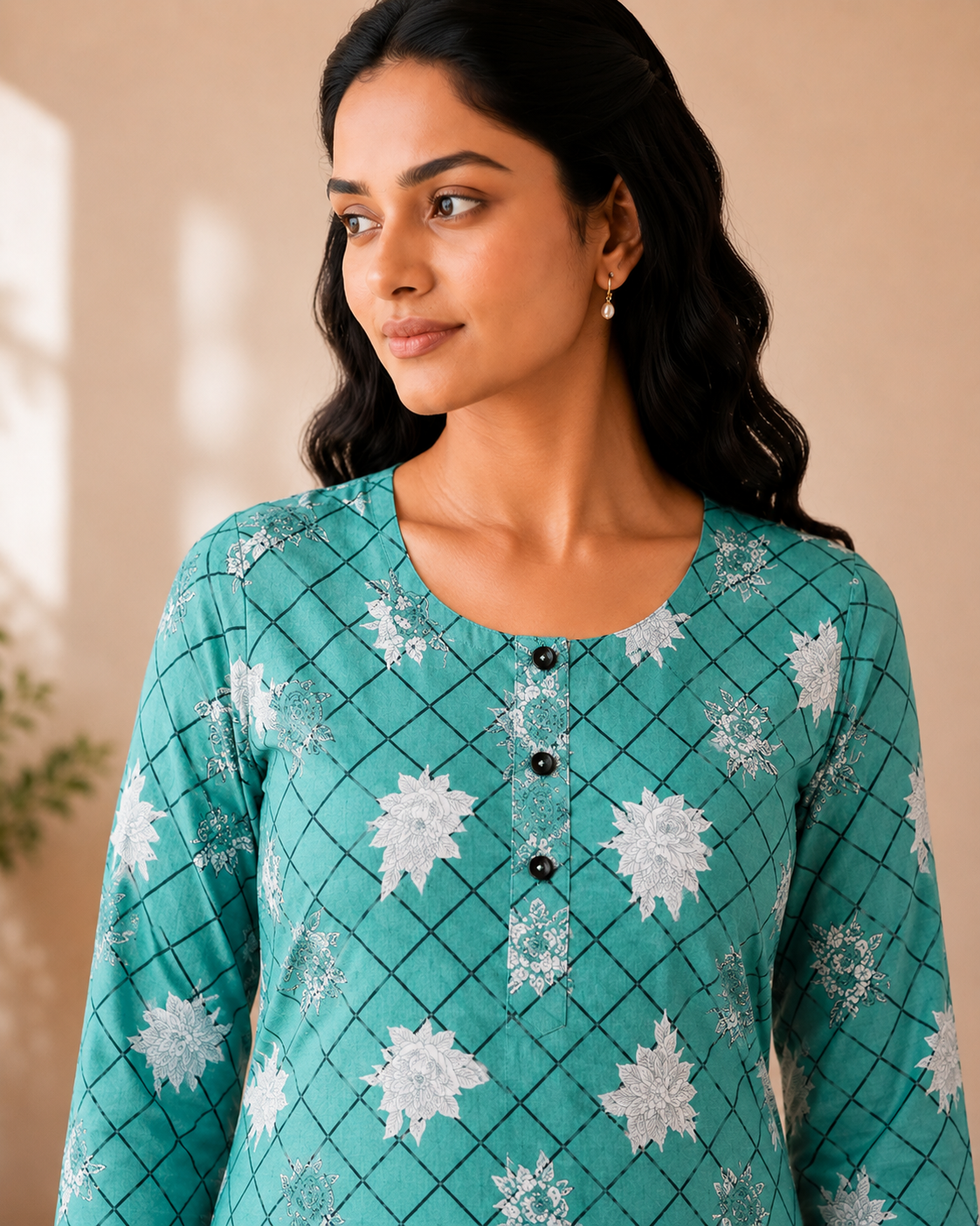 Sea Green Cotton Printed 3-Piece Kurti Set
