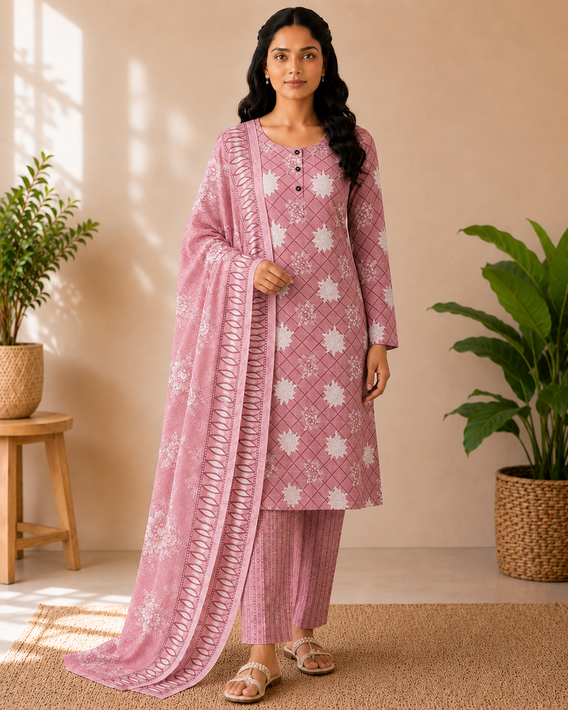 Blush Pink Cotton 3-Piece Kurti Set