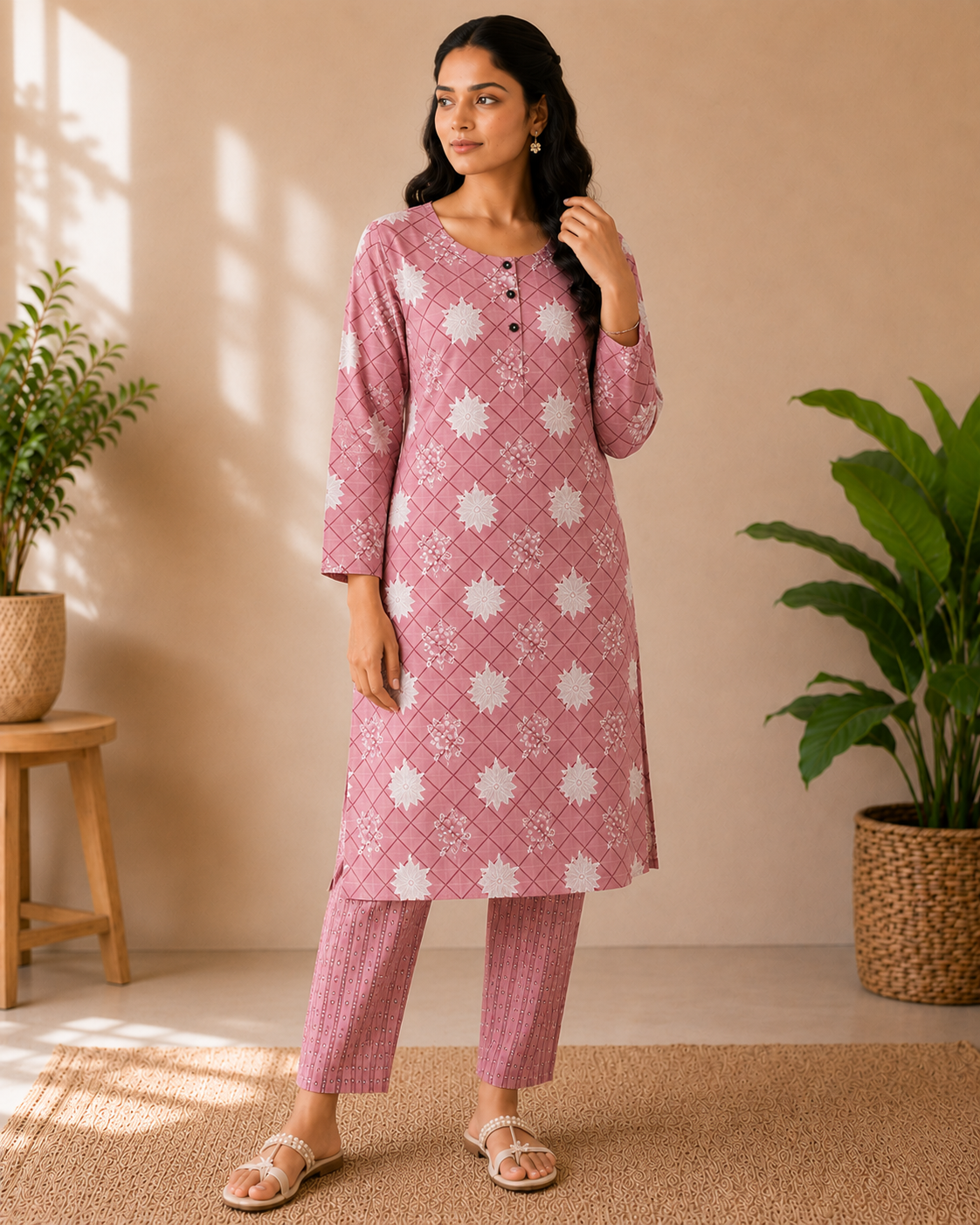 Blush Pink Cotton 3-Piece Kurti Set