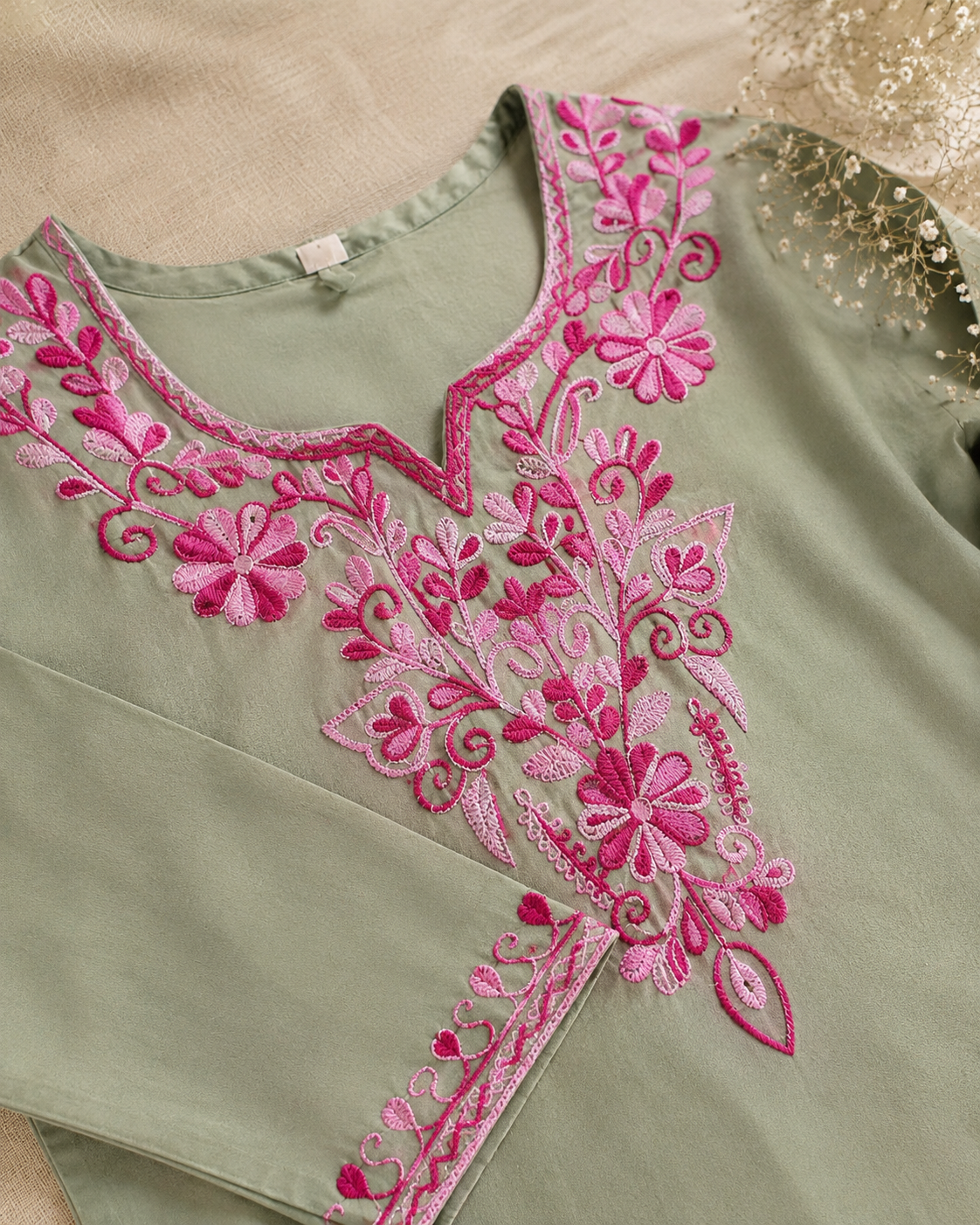 Sage Green Bloom Rayon Aari Work Co-ord Set