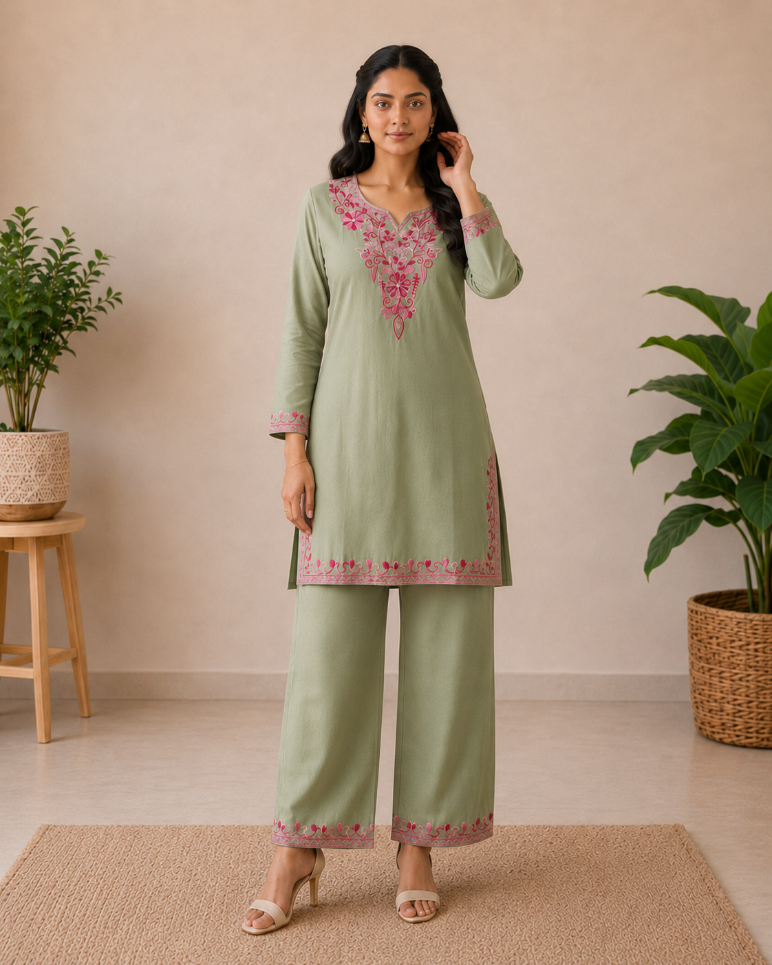 Sage Green Bloom Rayon Aari Work Co-ord Set