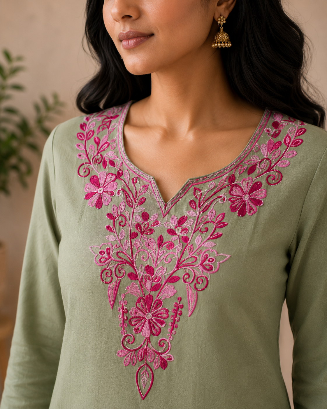 Sage Green Bloom Rayon Aari Work Co-ord Set