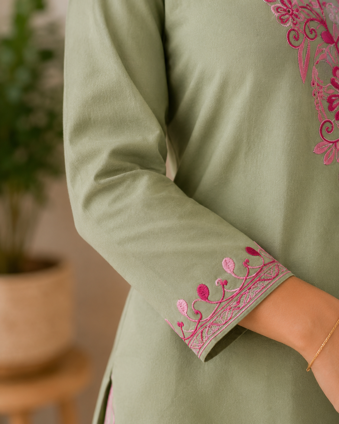 Sage Green Bloom Rayon Aari Work Co-ord Set