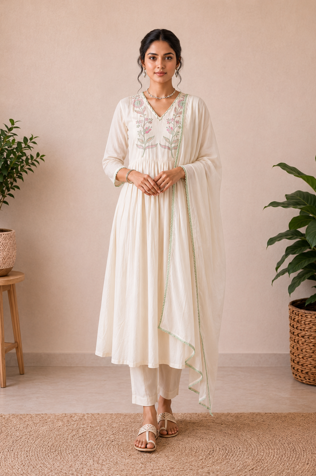 Ivory Bloom Mul Chanderi 3-Piece Kurti Set