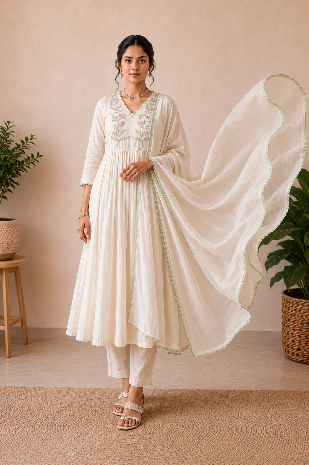 Ivory Bloom Mul Chanderi 3-Piece Kurti Set