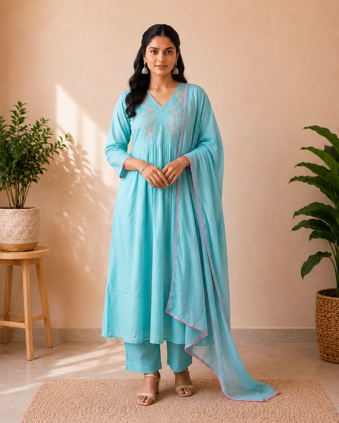 Turquoise Bloom Mul Chanderi 3-Piece Kurti Set