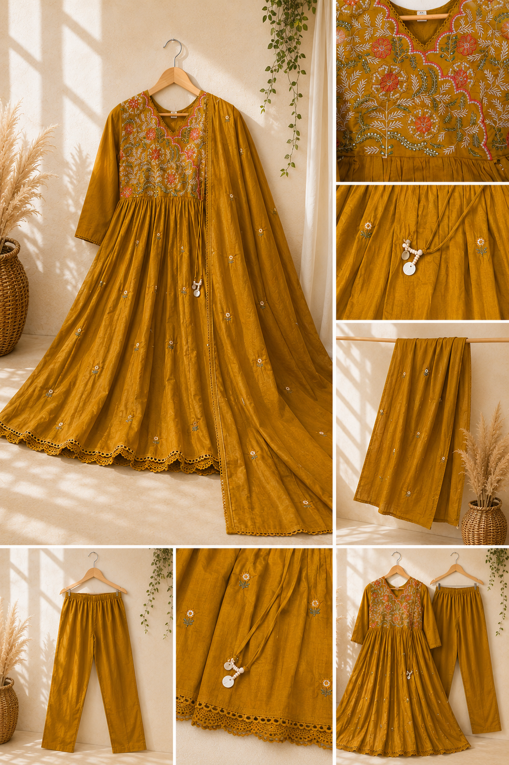 Golden Marigold Floral Embroidered Kurti Set