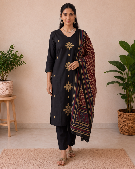 Black Royale Cotton Kurti Set
