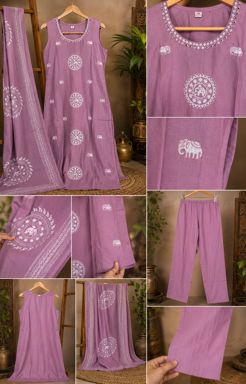 Lavender Elephant Grace Cotton Kurti Set | Sleeves Attached