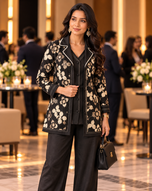 Premium Black Cotton Floral Embroidered Jacket-Style Co-ord Set with Wide-Leg Pants