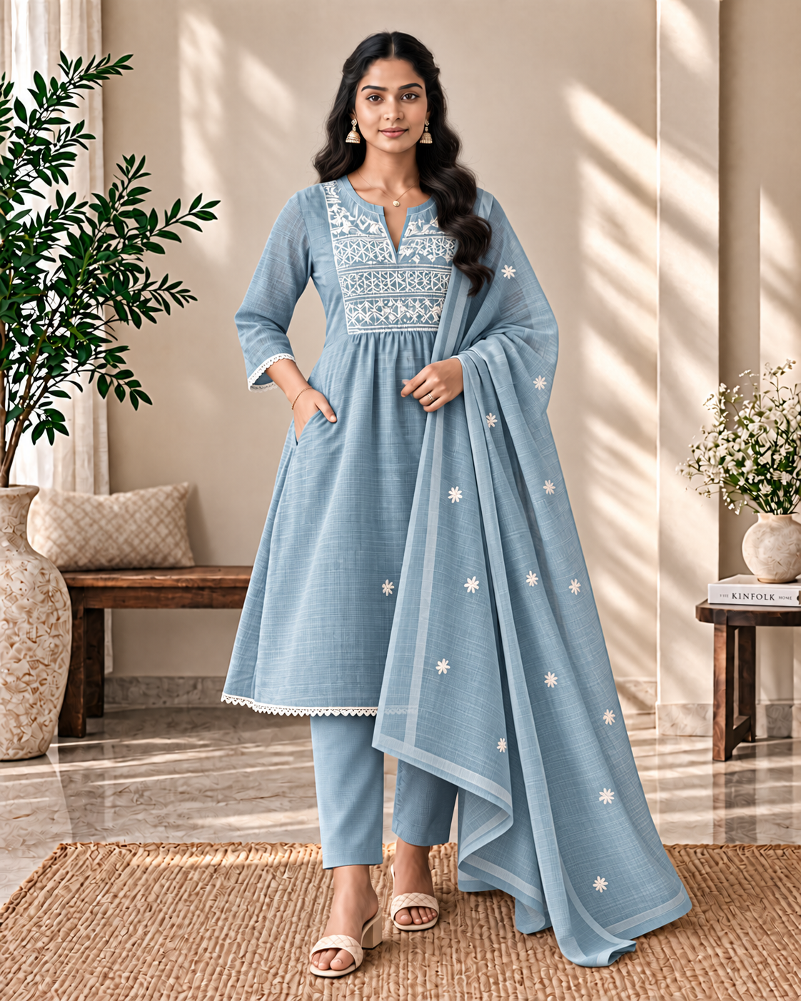 Mist Blue Kota Check Embroidered 3-Piece Kurti Set
