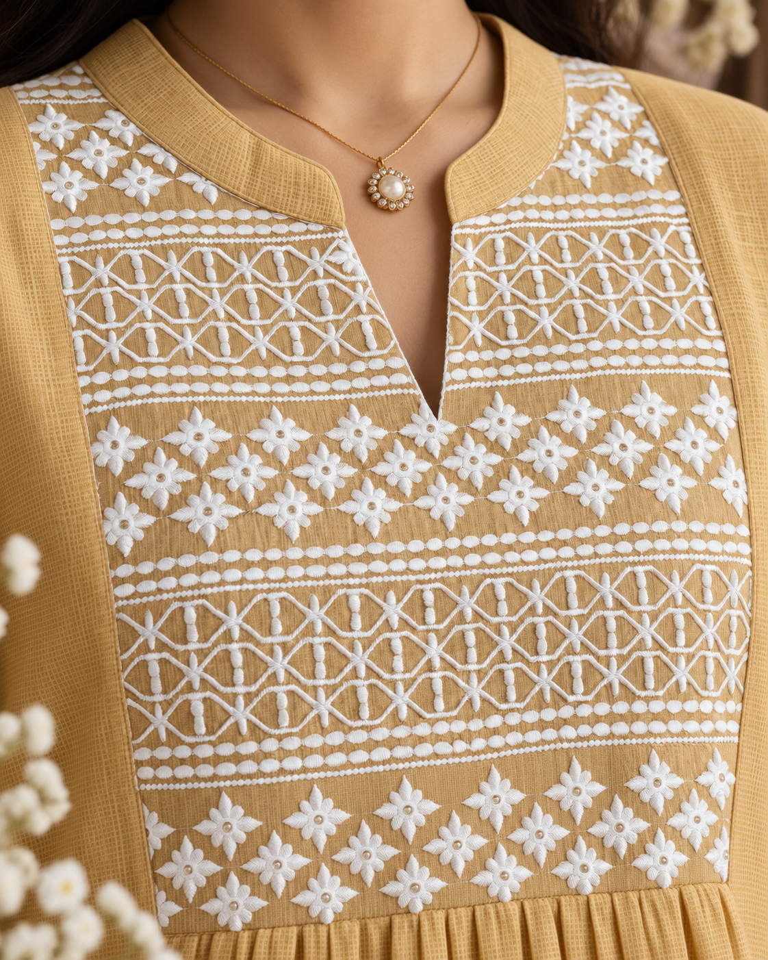 Antique Gold Kota Check Embroidered Kurti Set