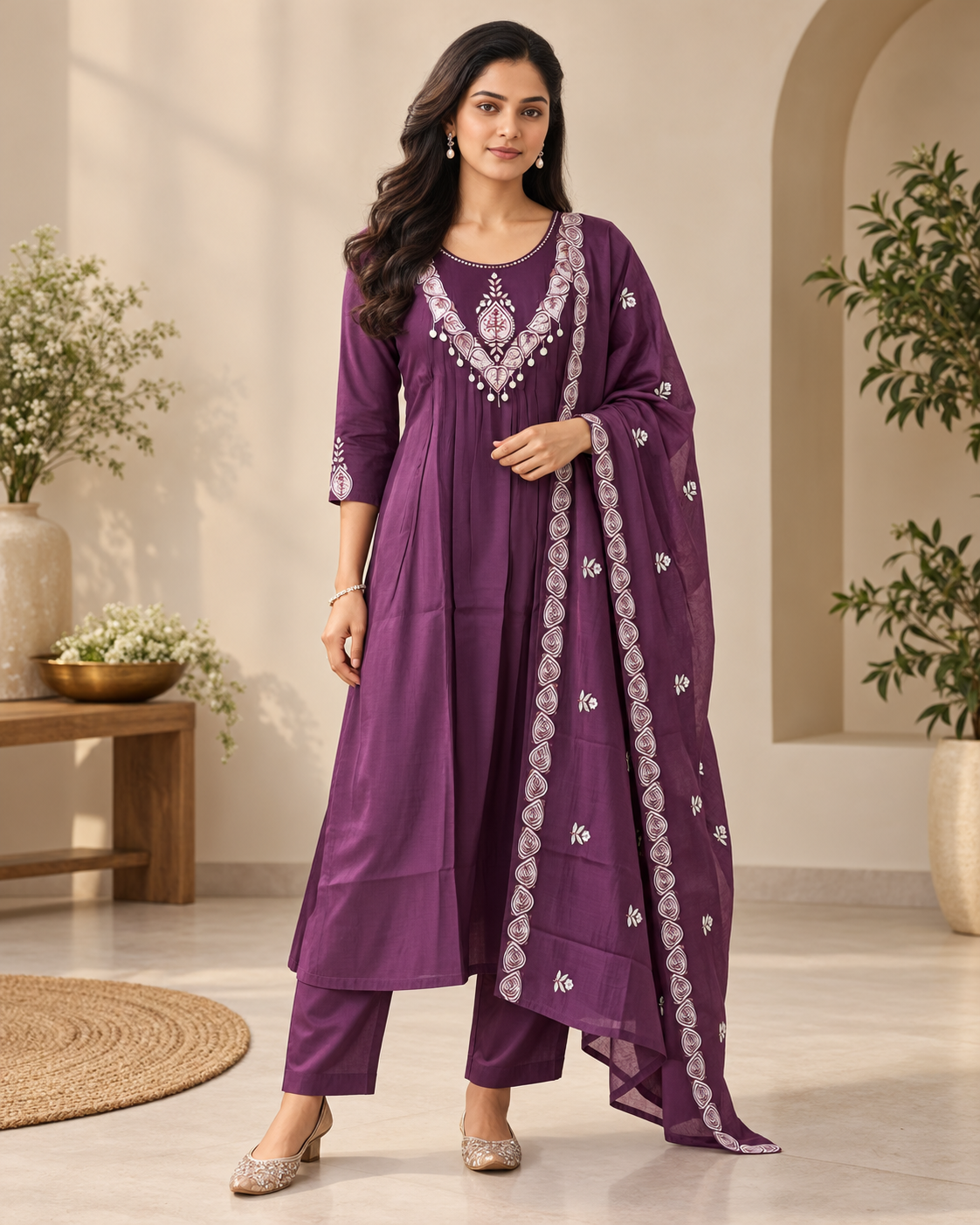 Mulberry Mul Chanderi Embroidered Kurti Set