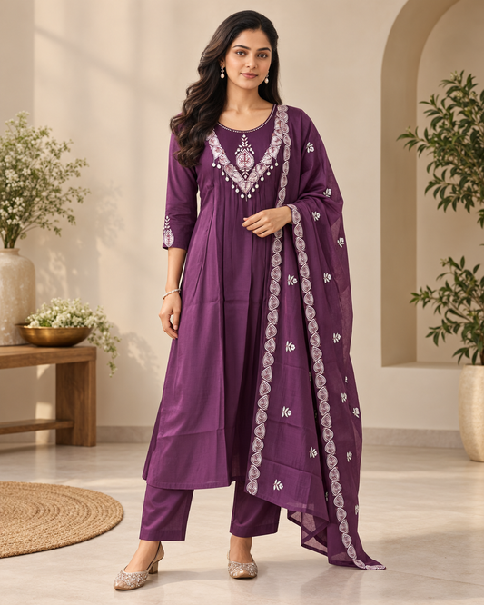 Mulberry Mul Chanderi Embroidered Kurti Set