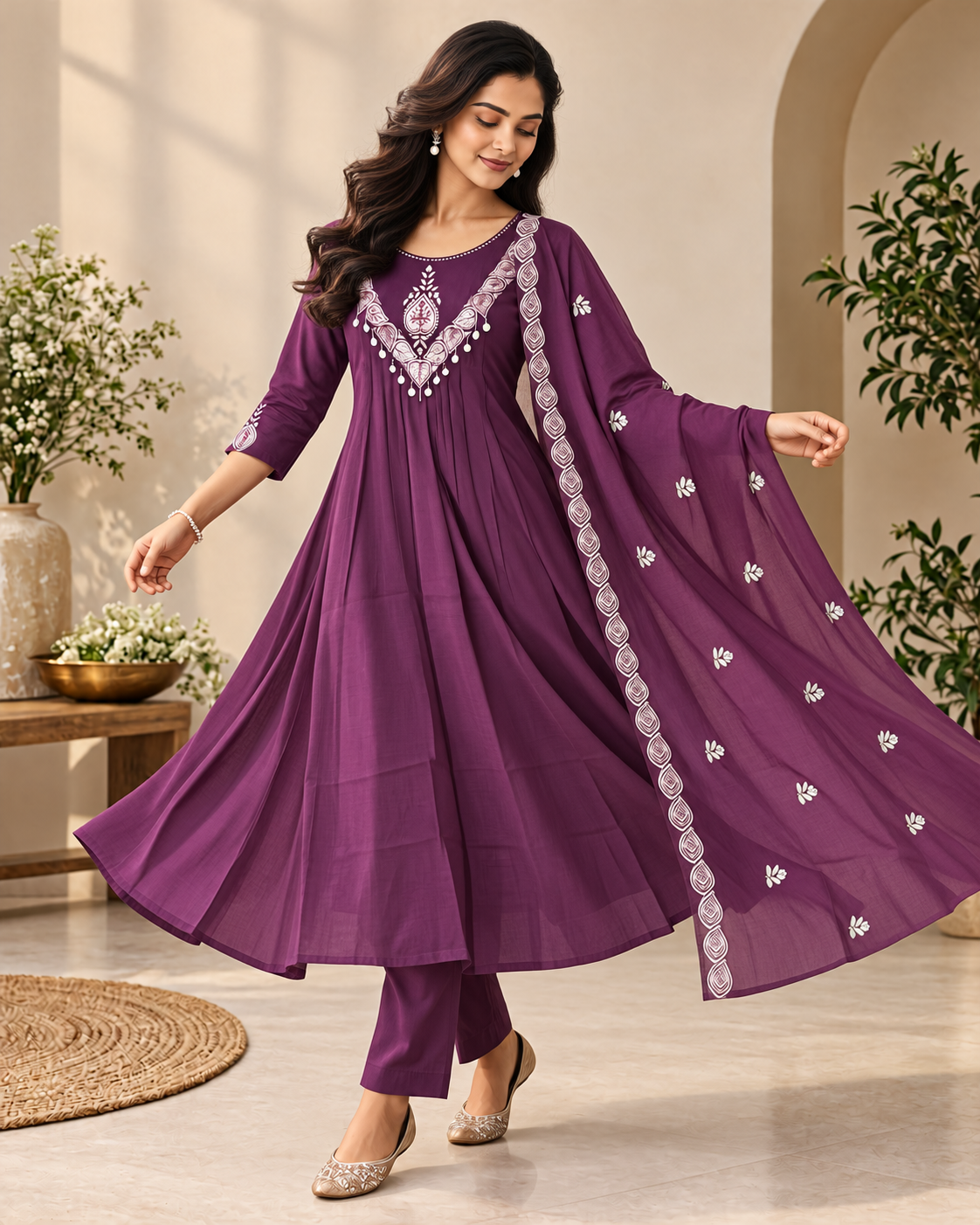Mulberry Mul Chanderi Embroidered Kurti Set