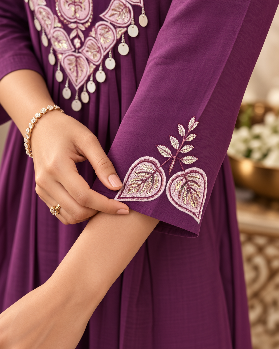 Mulberry Mul Chanderi Embroidered Kurti Set