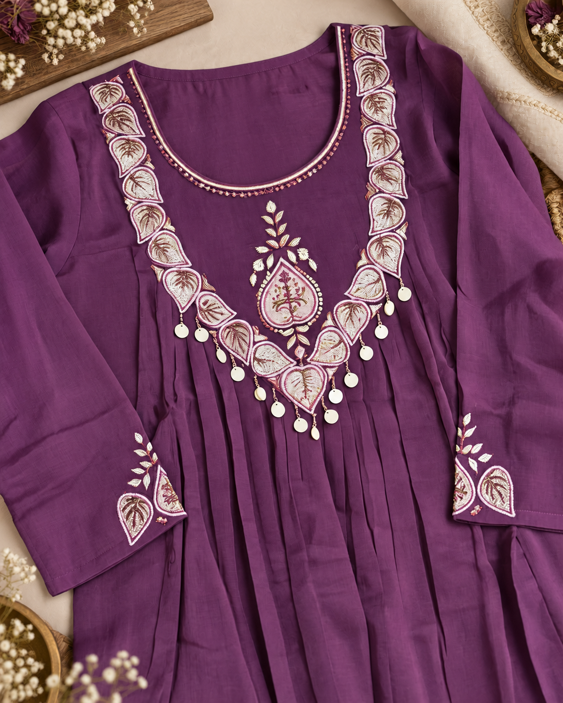 Mulberry Mul Chanderi Embroidered Kurti Set