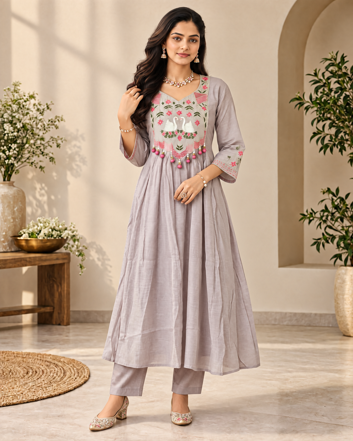 Misty Lavender Grey Mul Chanderi Embroidered Kurti Set