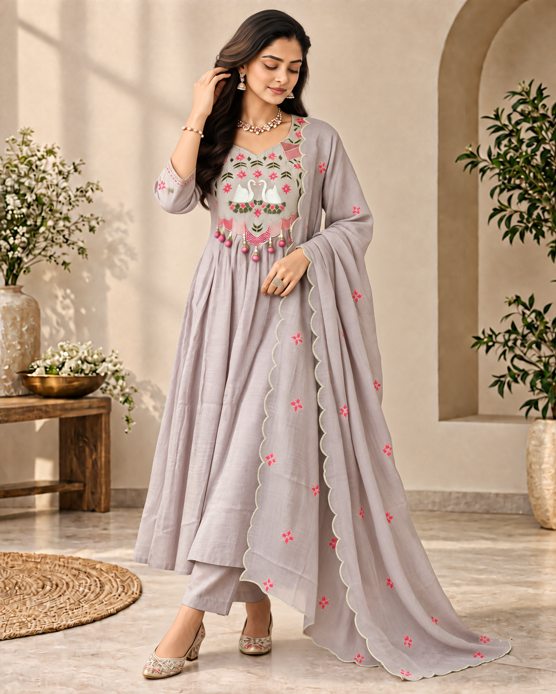 Misty Lavender Grey Mul Chanderi Embroidered Kurti Set