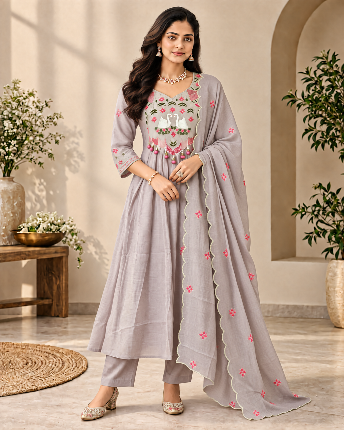 Misty Lavender Grey Mul Chanderi Embroidered Kurti Set