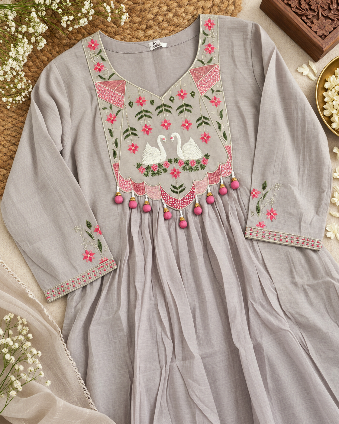 Misty Lavender Grey Mul Chanderi Embroidered Kurti Set