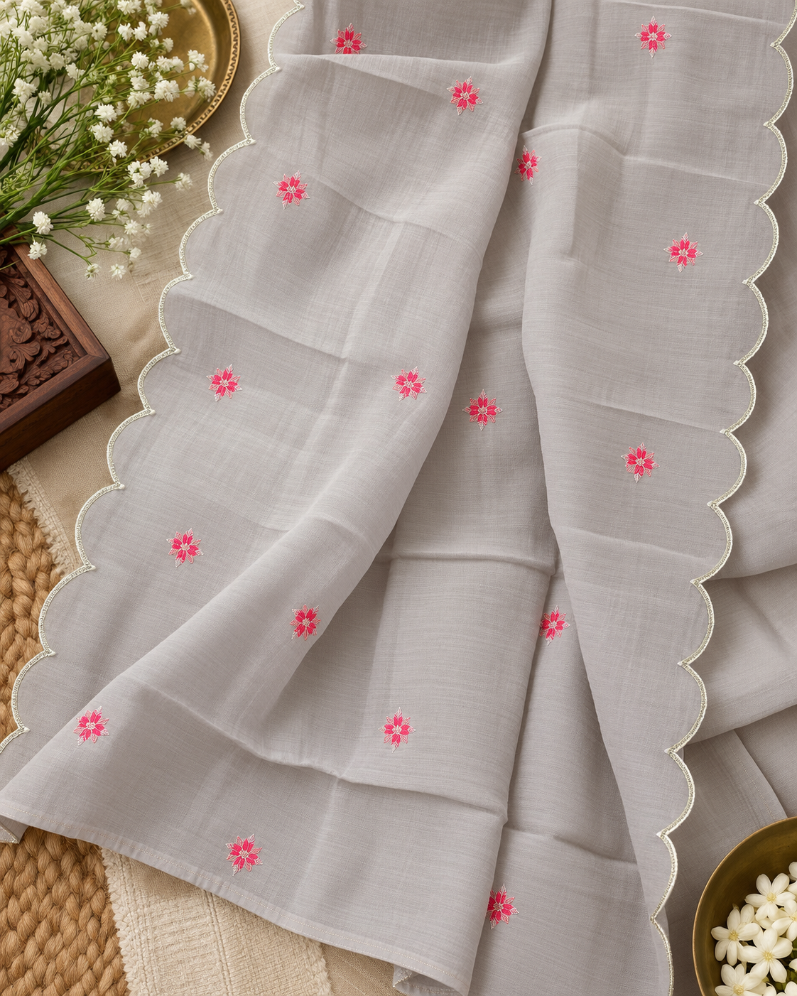 Misty Lavender Grey Mul Chanderi Embroidered Kurti Set