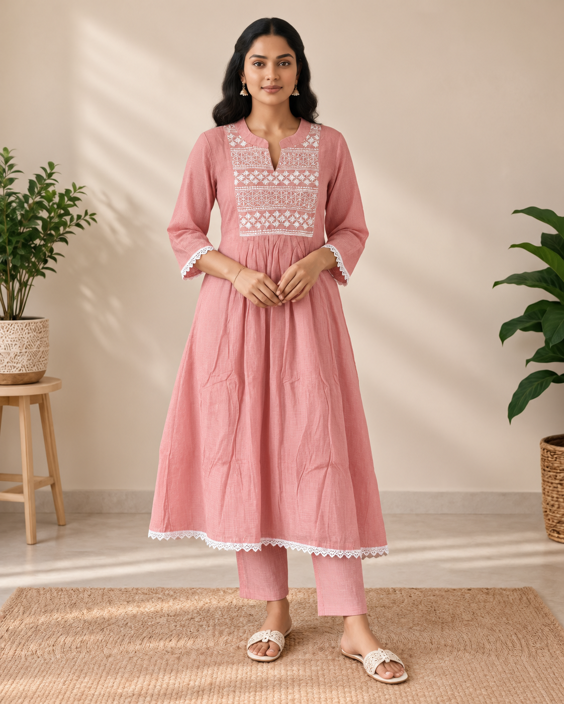 Rose Blush Kota Checks Embroidered Kurti Set