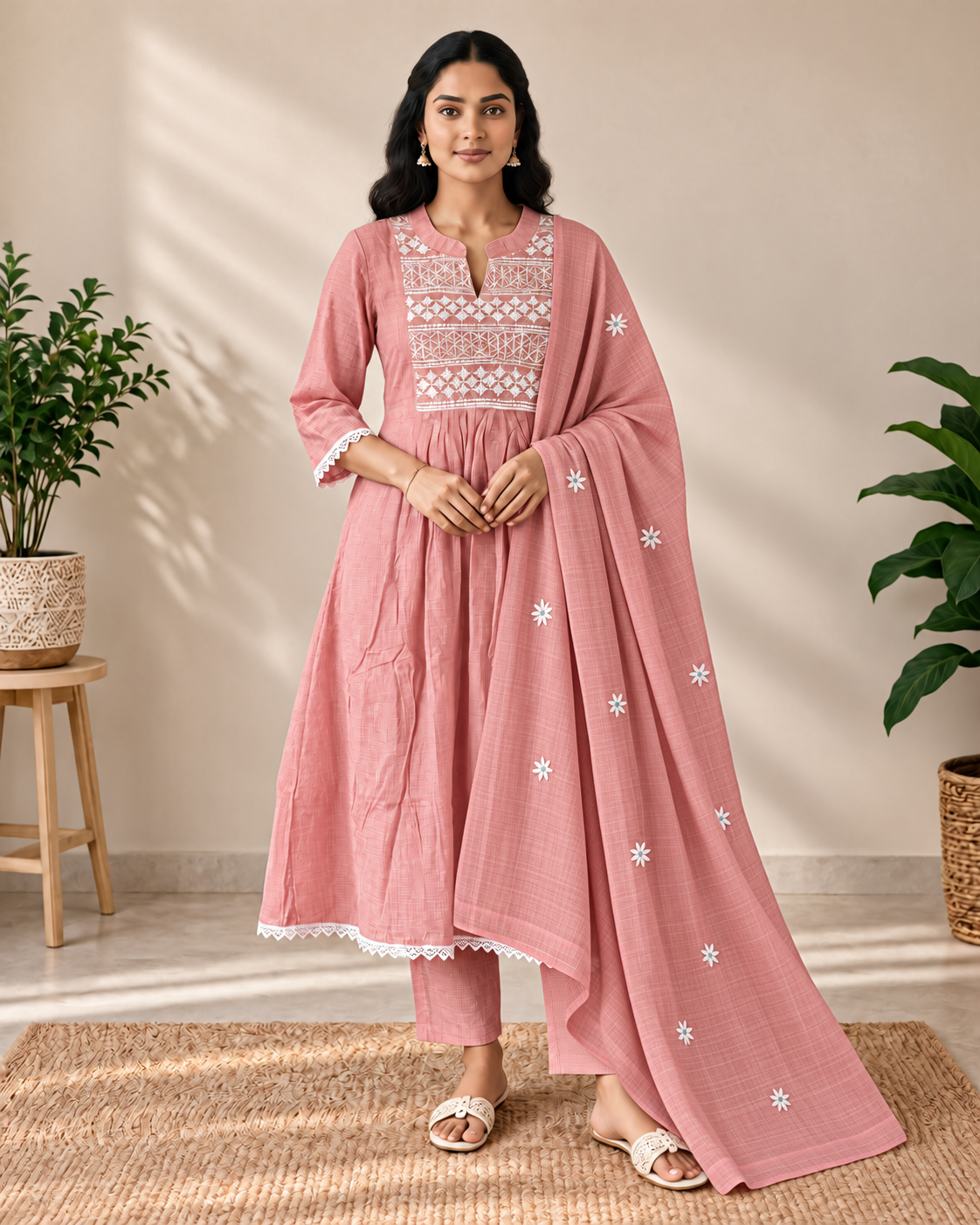 Rose Blush Kota Checks Embroidered Kurti Set