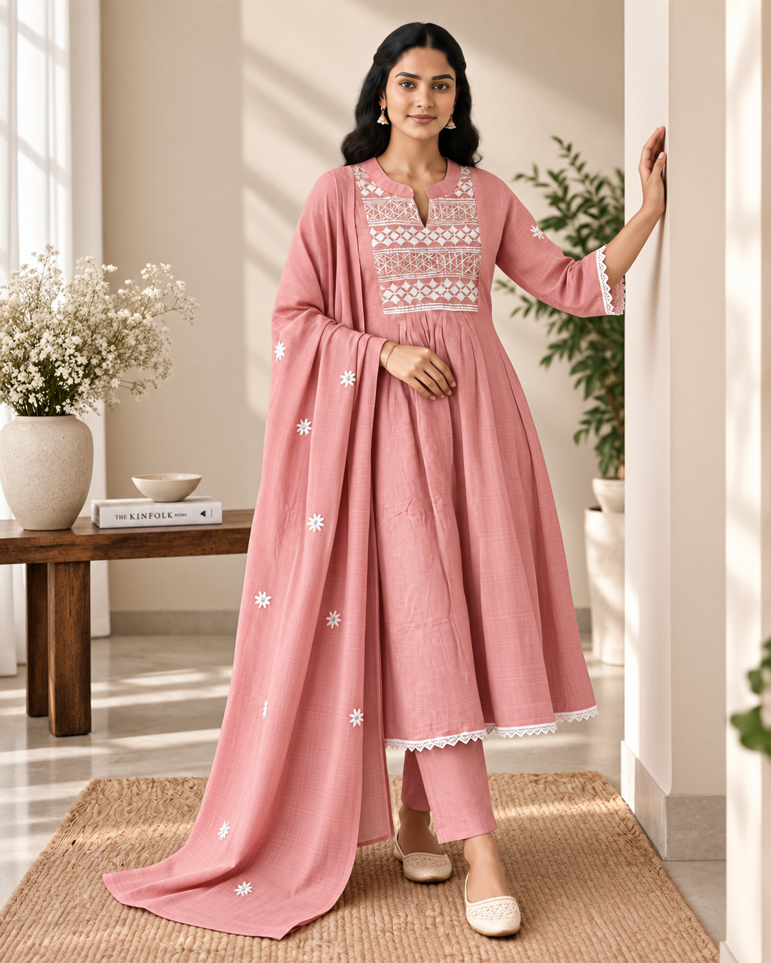 Rose Blush Kota Checks Embroidered Kurti Set