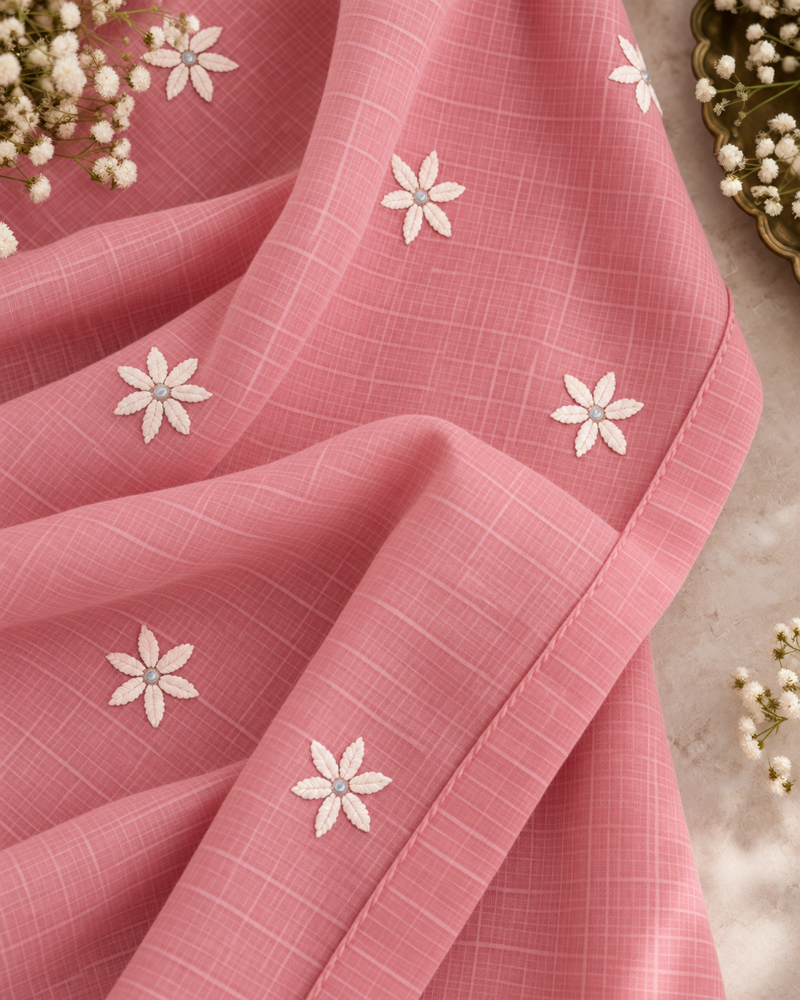 Rose Blush Kota Checks Embroidered Kurti Set