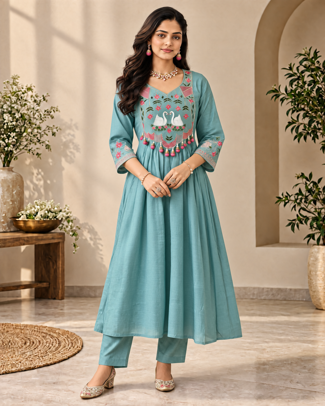 Misty Teal Mul Chanderi Swan Embroidered Kurti Set