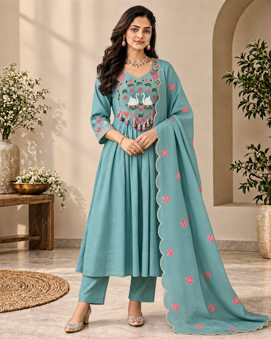 Misty Teal Mul Chanderi Swan Embroidered Kurti Set