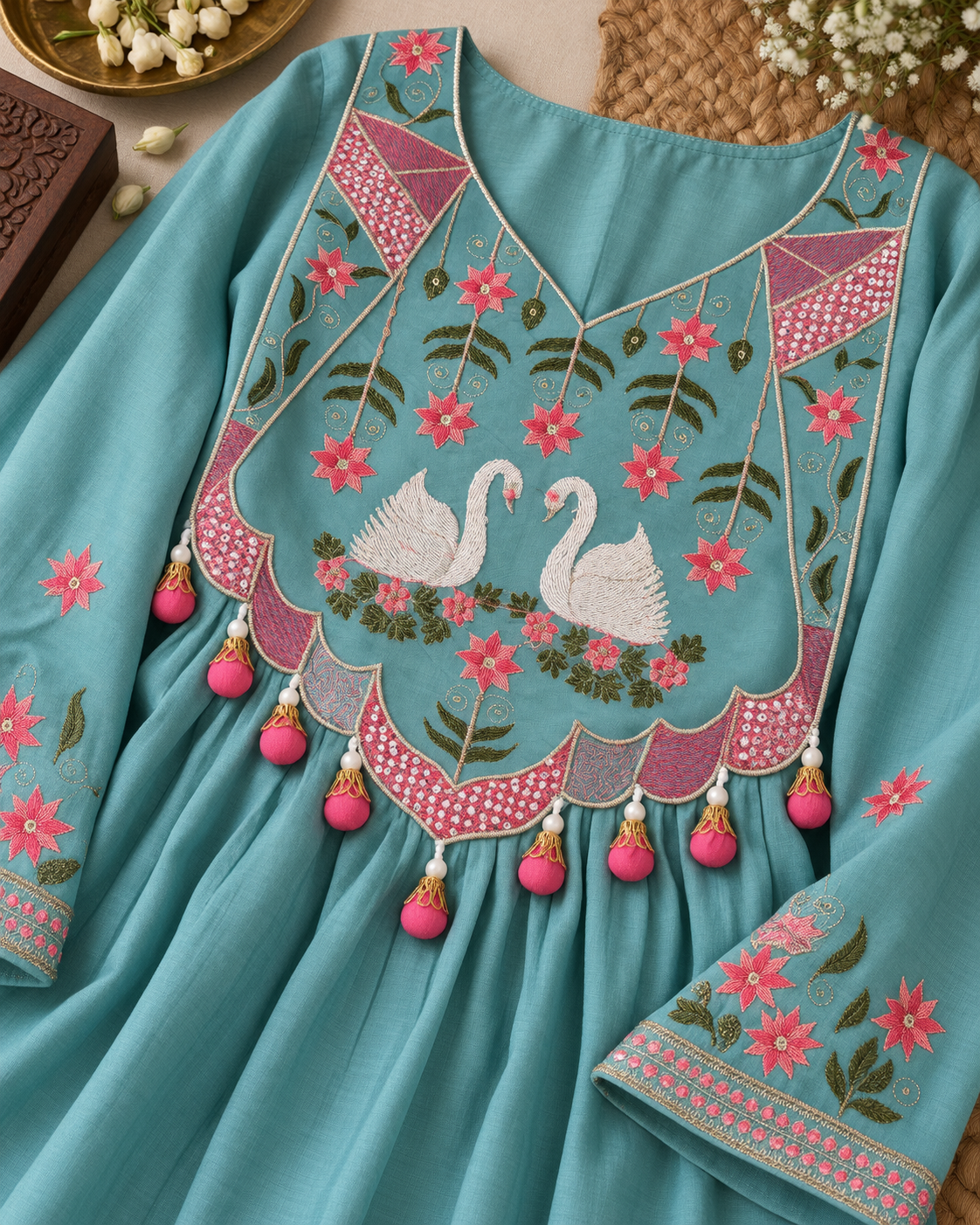 Misty Teal Mul Chanderi Swan Embroidered Kurti Set