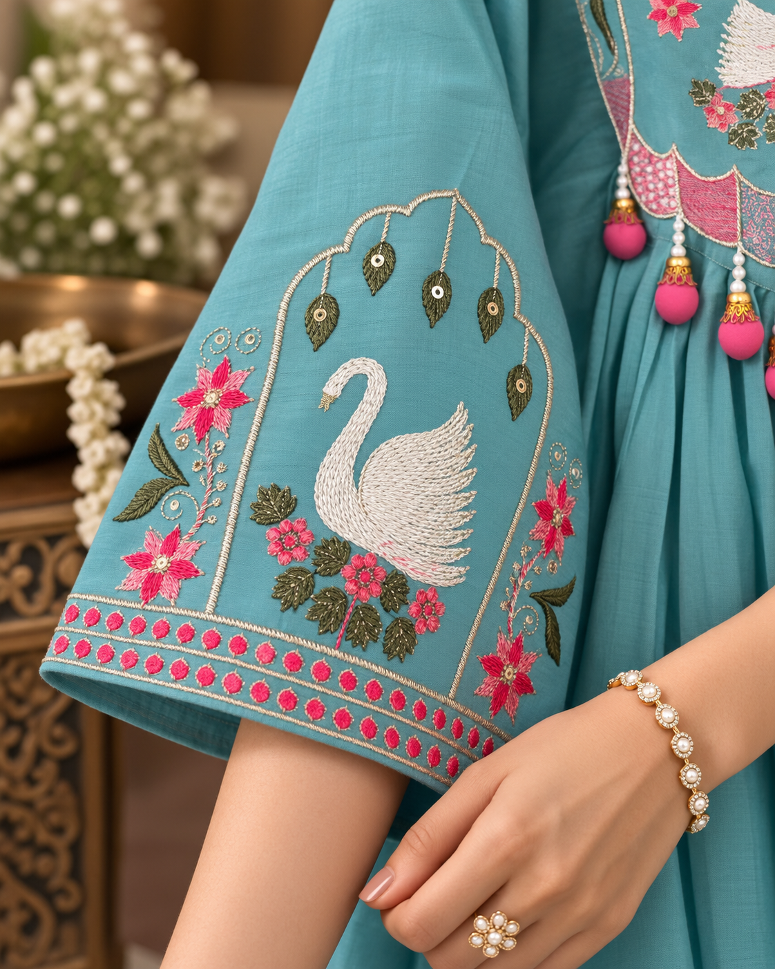 Misty Teal Mul Chanderi Swan Embroidered Kurti Set