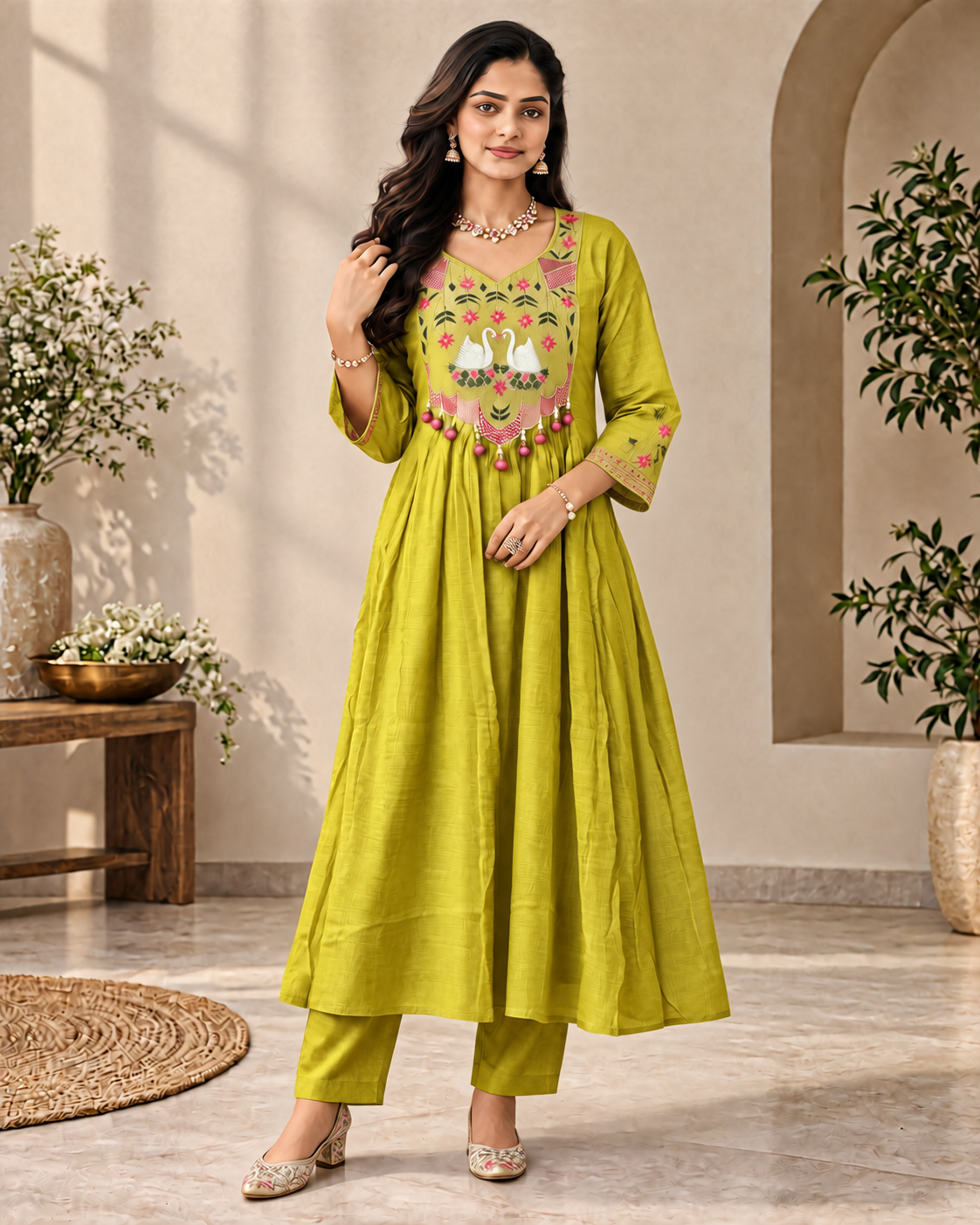 Lime Zest Mul Chanderi Swan Embroidered Kurti Set