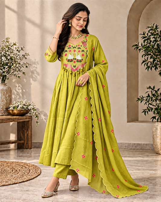 Lime Zest Mul Chanderi Swan Embroidered Kurti Set