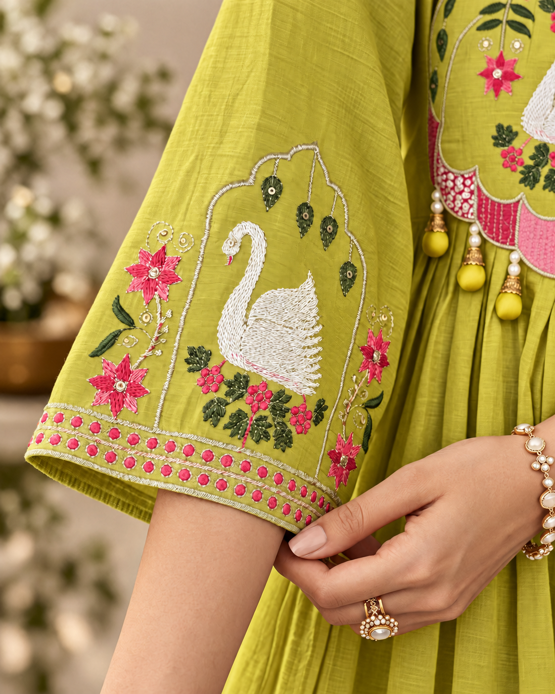 Lime Zest Mul Chanderi Swan Embroidered Kurti Set