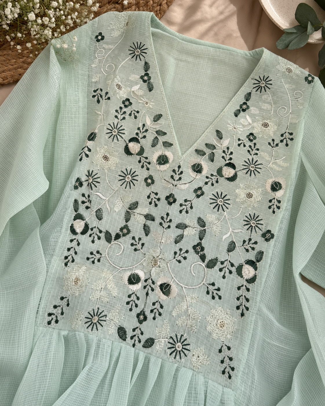 🌿 Pastel Mint Bloom Kota Checks Kurti Set