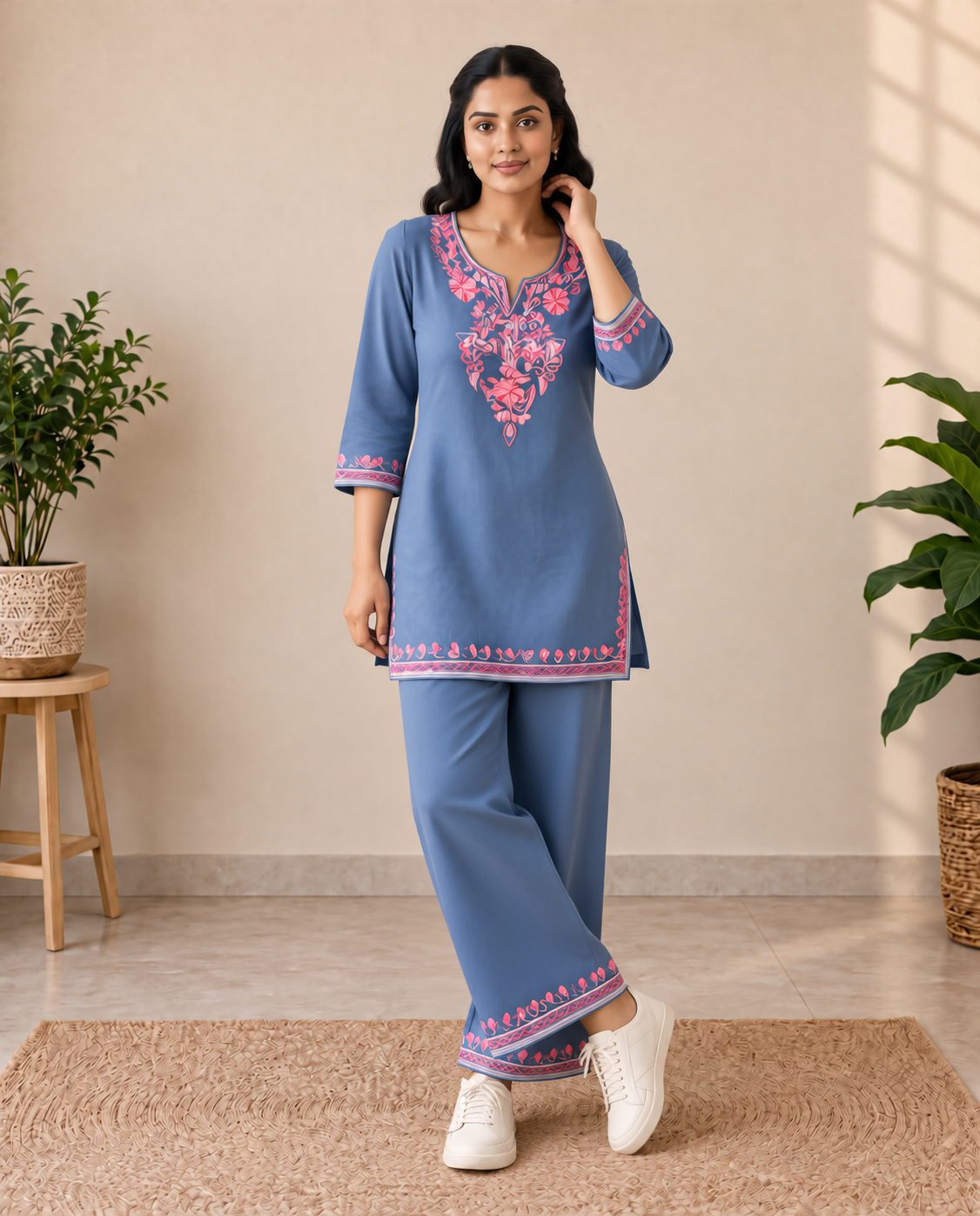 Sky Blue Rayon Aari Work Co-ord Set