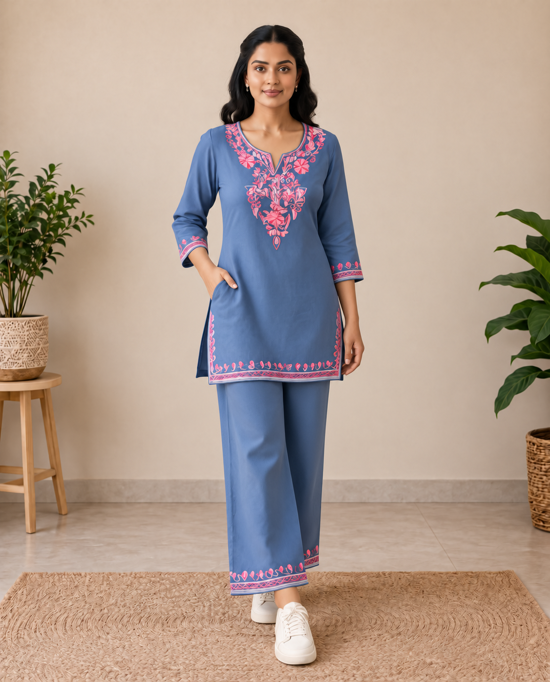 Sky Blue Rayon Aari Work Co-ord Set