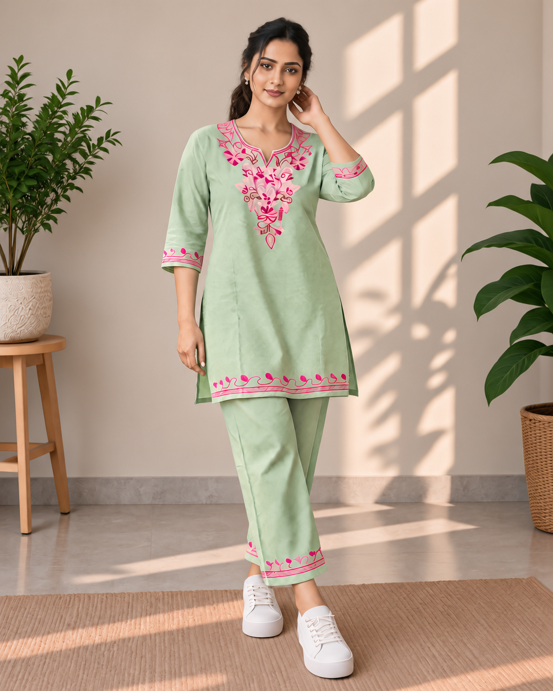 Sage Green Bloom Rayon Aari Work Co-ord Set